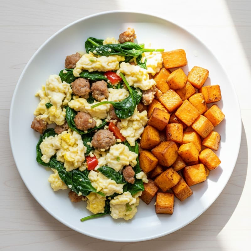 Egg White and Turkey Sausage Scramble with Spinach and Roasted Sweet Potatoes