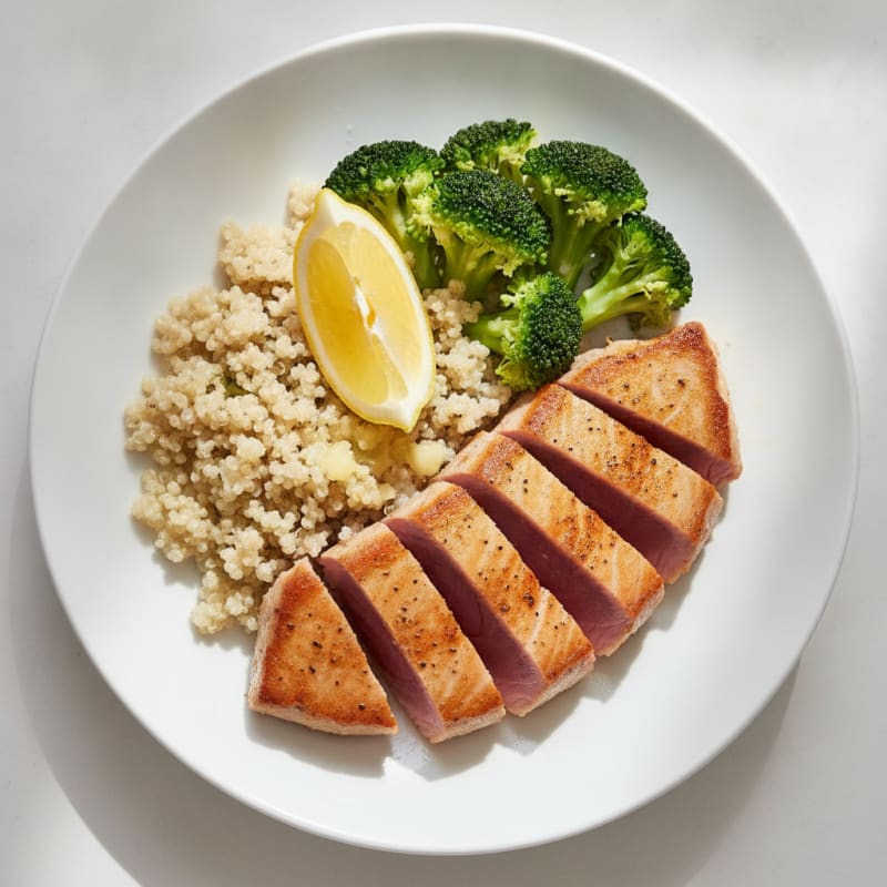 Seared Tuna Steak with Steamed Broccoli and Quinoa