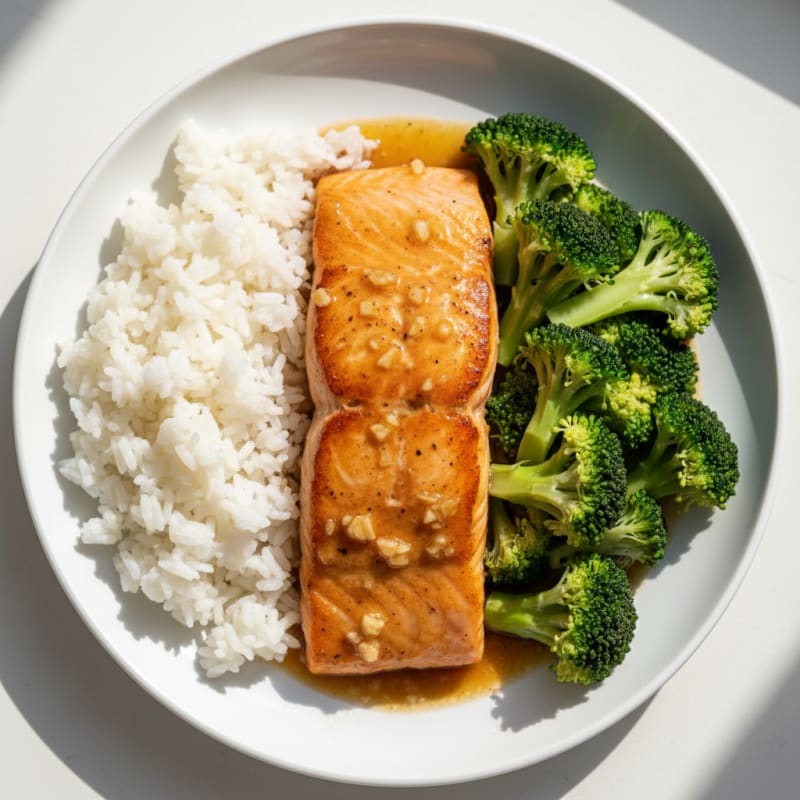 Ginger-Soy Seared Salmon with Steamed Broccoli and Jasmine Rice