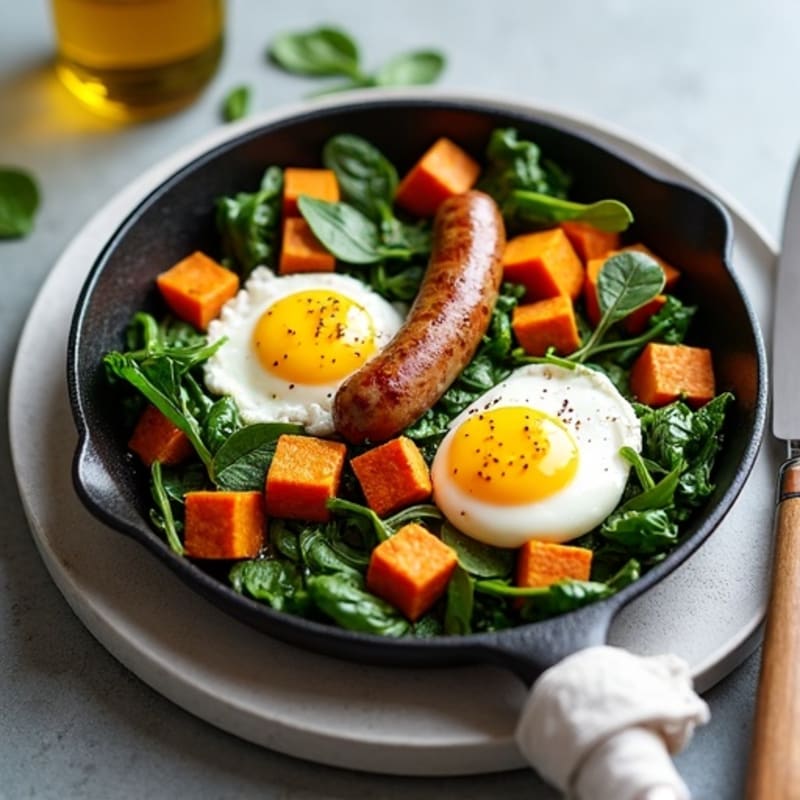 Crispy Sweet Potato and Lean Chicken Sausage Skillet with Fluffy Eggs and Fresh Spinach