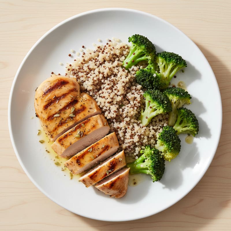 Grilled Lemon Herb Chicken Breast with Quinoa and Steamed Broccoli