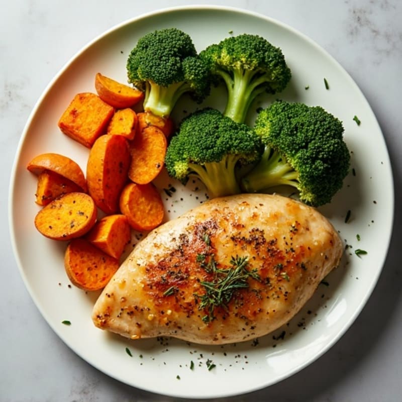 Lemon-Herb Roasted Chicken with Crispy Sweet Potatoes and Broccoli