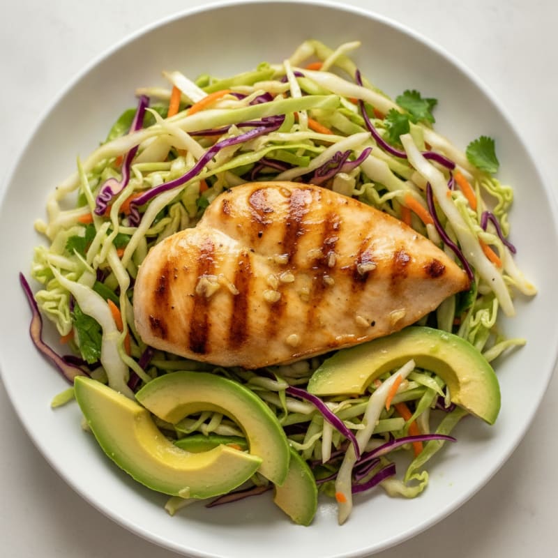 Grilled Chicken Breast with Crunchy Cabbage Slaw and Avocado