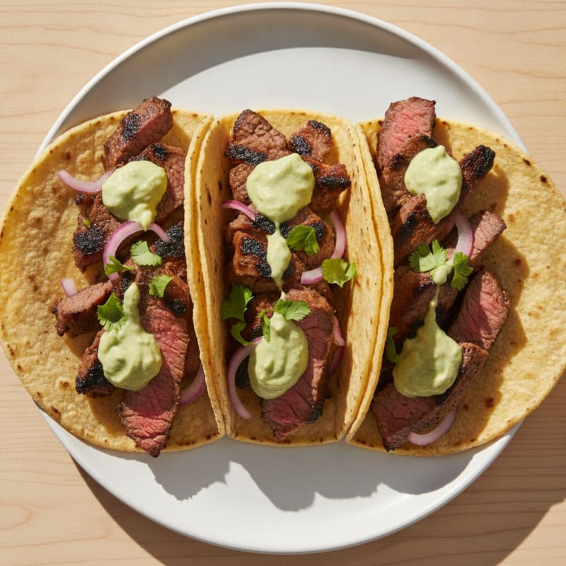 Carne Asada Tacos with Avocado Crema