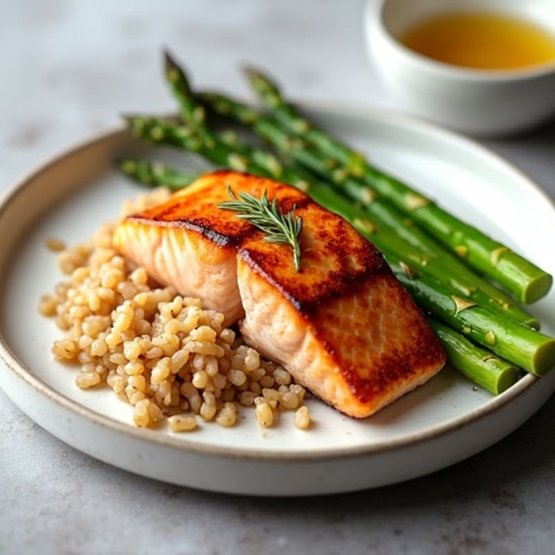 Seared Salmon with Steamed Asparagus and Brown Rice