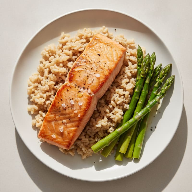 Seared Salmon Fillet with Steamed Asparagus and Brown Rice