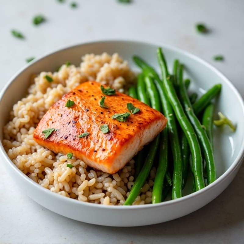 Seared Salmon with Steamed Green Beans and Brown Rice