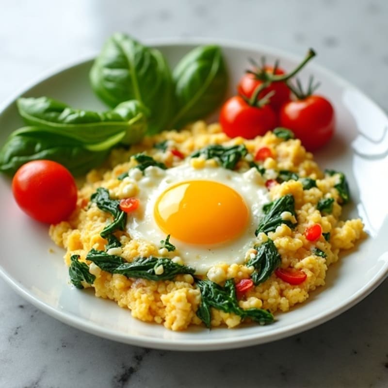Egg White Spinach Scramble with Cottage Cheese and Cherry Tomatoes