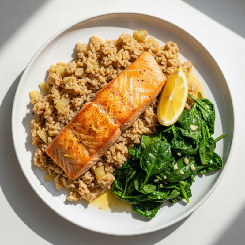 Seared Salmon with Garlic Spinach and Brown Rice Pilaf