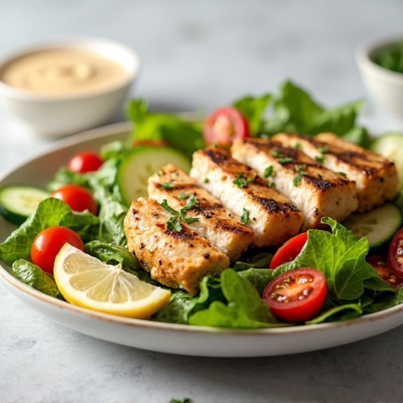 Lemon-Herb Grilled Chicken Salad with Crunchy Vegetables and Creamy Tahini Dressing