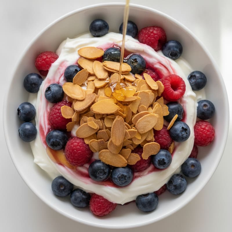 Greek Yogurt Protein Parfait with Mixed Berries and Almonds