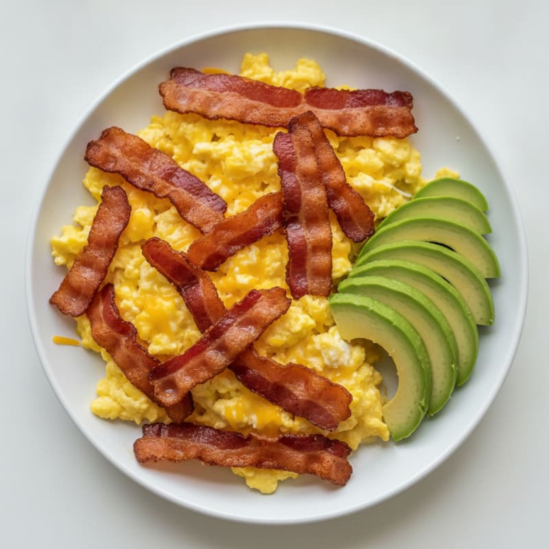 Scrambled Eggs with Crispy Bacon and Avocado