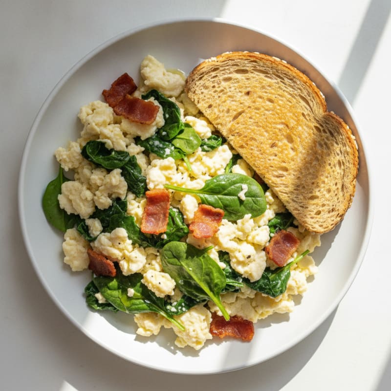 Crispy Turkey Bacon and Egg White Scramble with Sautéed Spinach