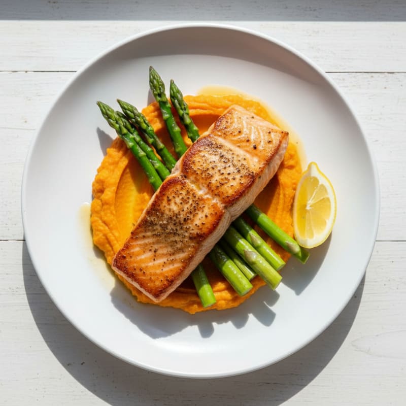 Seared Salmon Fillet with Steamed Asparagus and Sweet Potato Mash