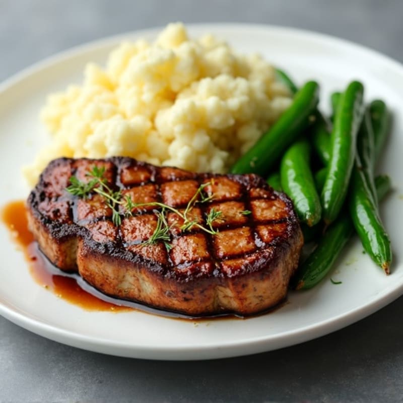 Seared Sirloin Steak with Garlic Green Beans and Mashed Cauliflower