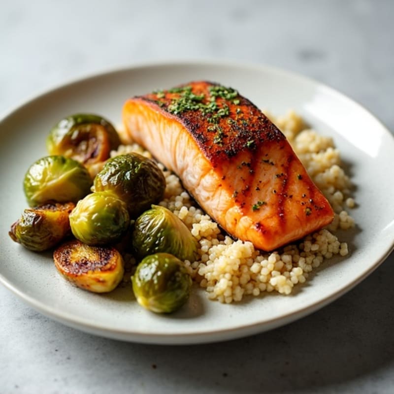 Seared Salmon Fillet with Quinoa and Roasted Brussels Sprouts