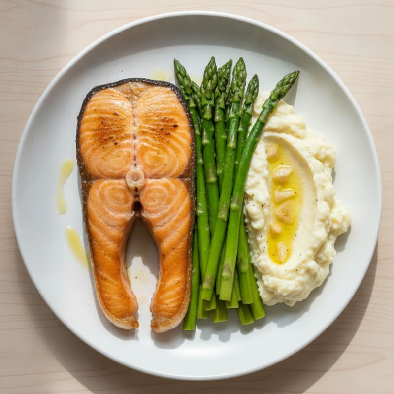 Seared Salmon with Steamed Asparagus and Garlic Mashed Cauliflower