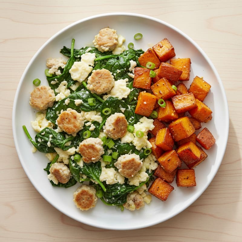 Egg White and Turkey Sausage Scramble with Sautéed Spinach and Sweet Potato