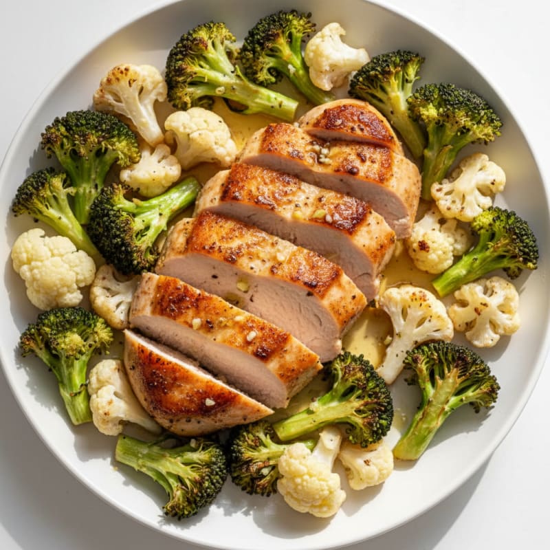 Seared Turkey Breast with Roasted Broccoli and Cauliflower
