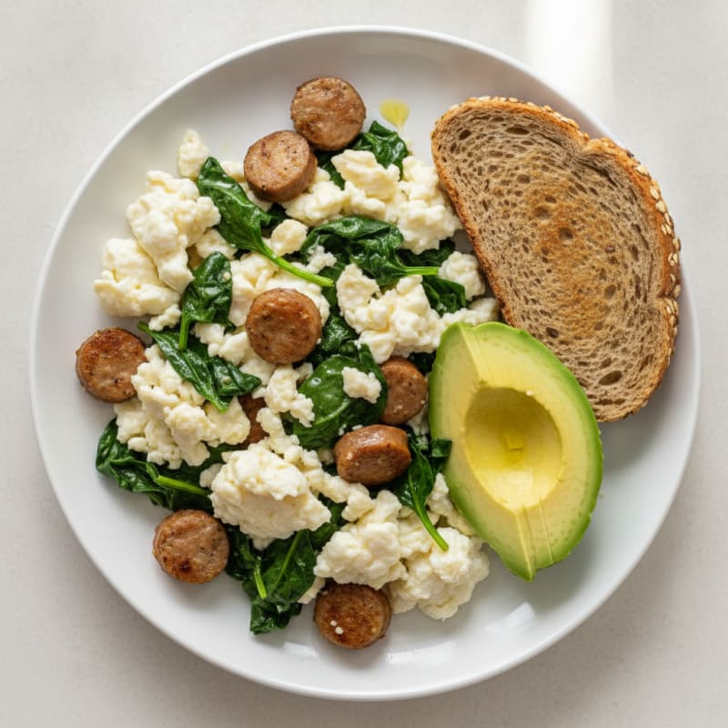 Egg White and Turkey Sausage Scramble with Sautéed Spinach