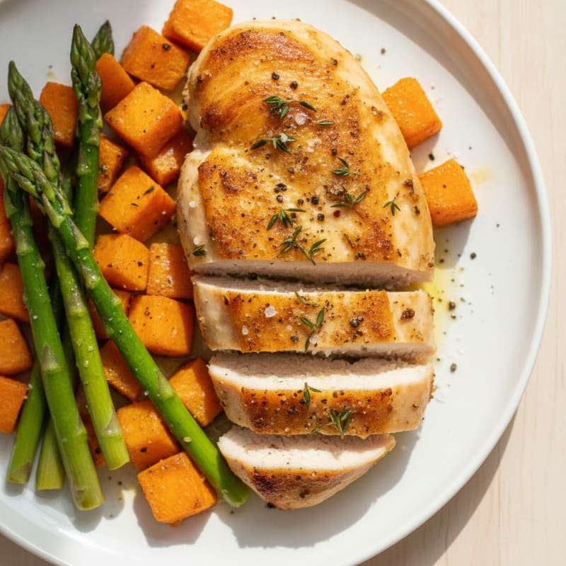 Roasted Chicken Breast with Sweet Potatoes and Asparagus