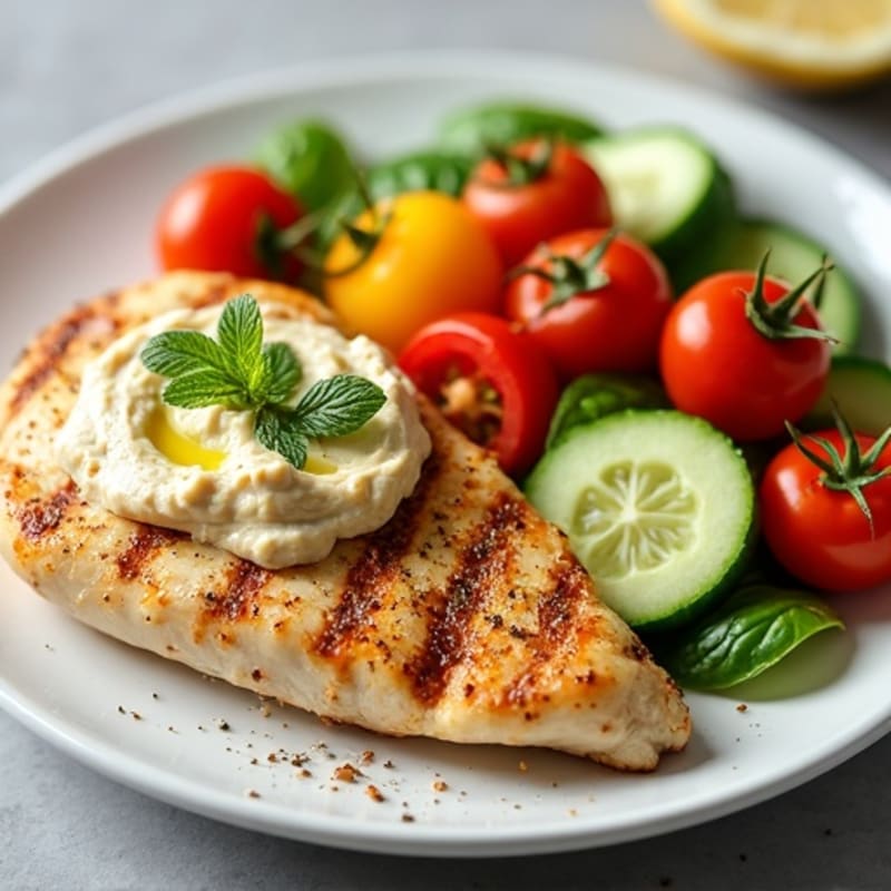 Lemon-Herb Grilled Chicken with Creamy Hummus and Crispy Fresh Vegetables