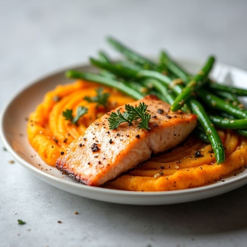 Seared Salmon with Garlic Green Beans and Sweet Potato Mash