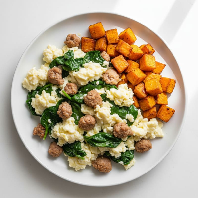 Egg White Spinach Scramble with Turkey Sausage and Roasted Sweet Potato
