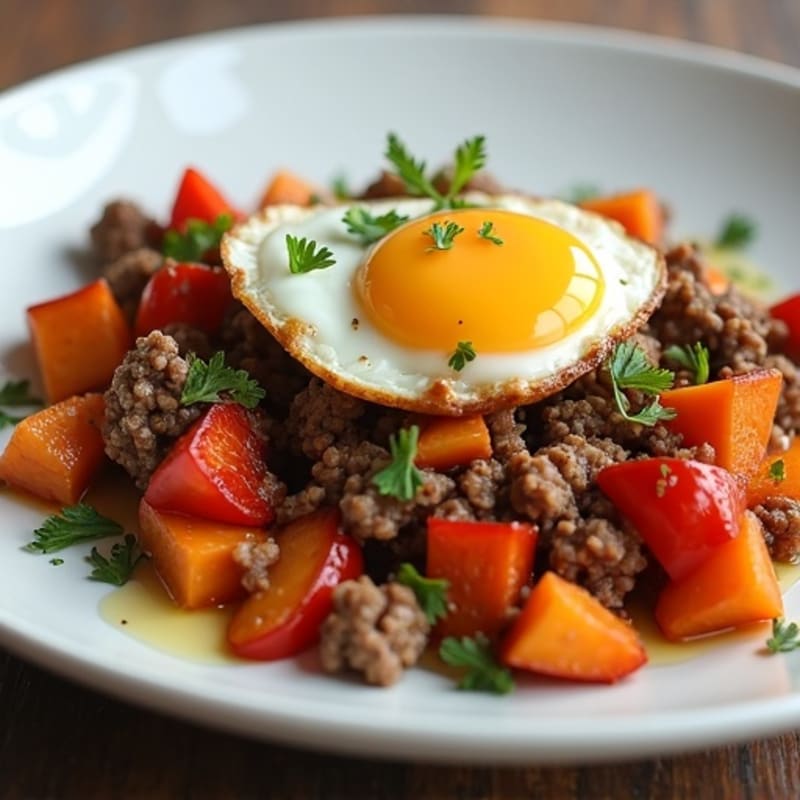 Lean Ground Beef and Crispy Sweet Potato Hash