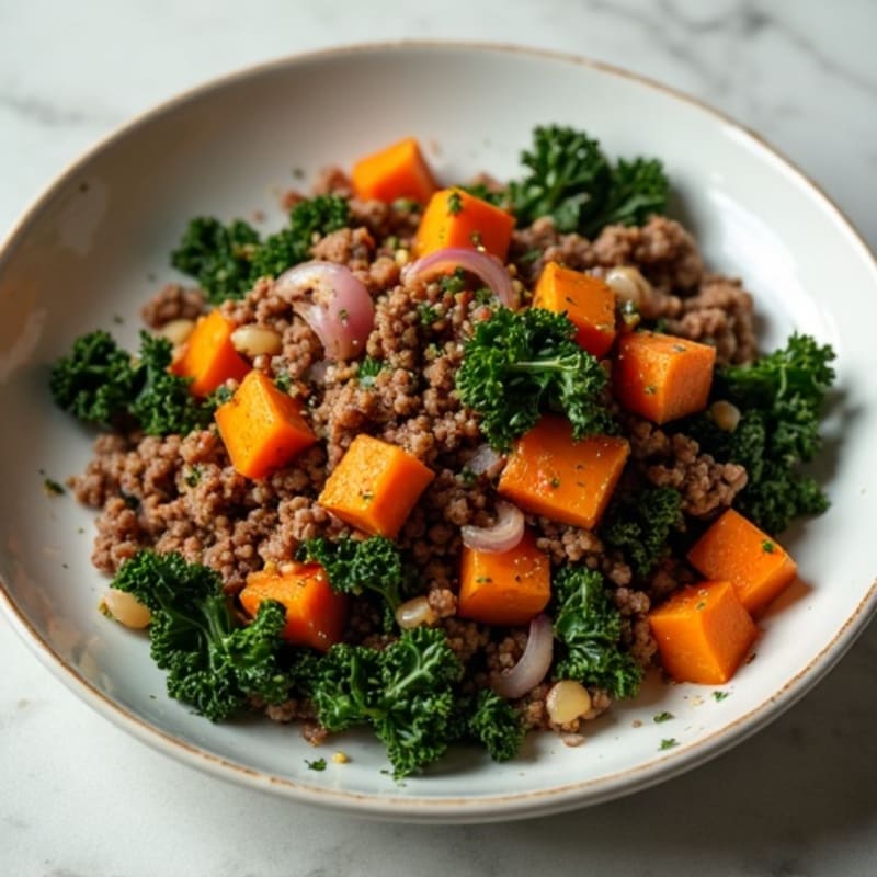 Lean Ground Beef and Sweet Potato Hash with Crispy Kale