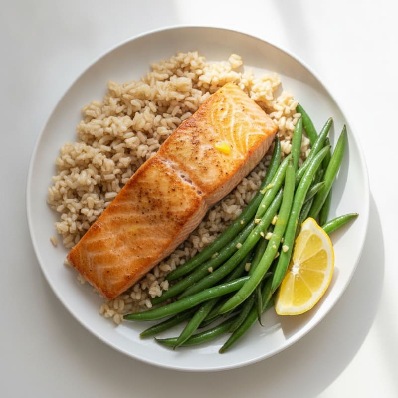 Pan-Seared Salmon with Garlic Green Beans and Brown Rice