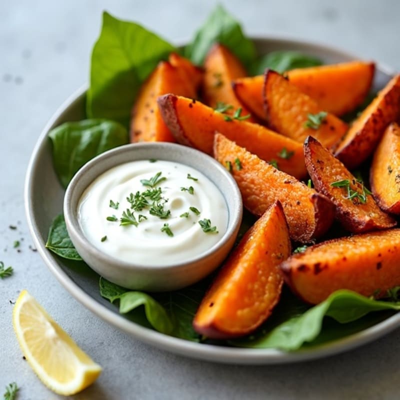 Crispy Roasted Sweet Potato Wedges with Garlic Herb Greek Yogurt Dip