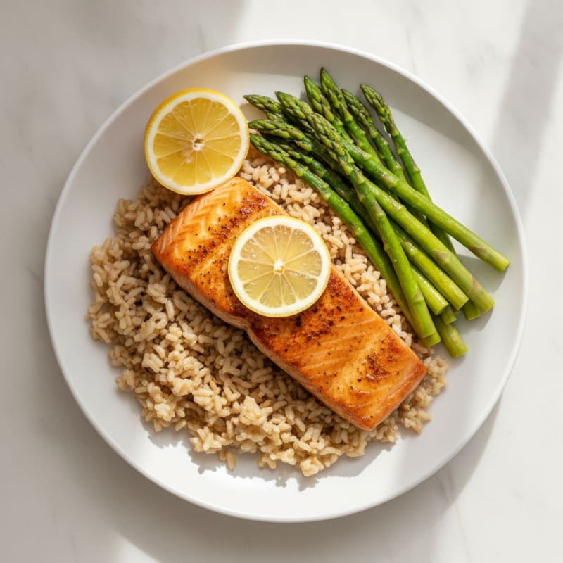 Seared Salmon with Steamed Asparagus and Brown Rice