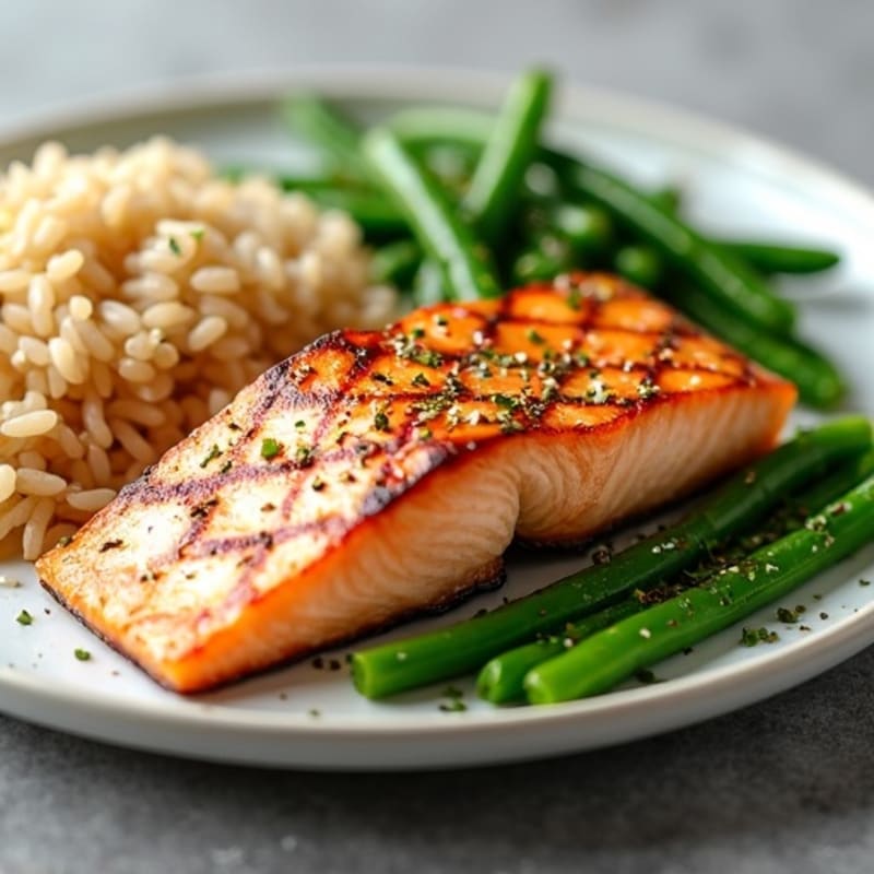 Seared Salmon Fillet with Garlic Green Beans and Brown Rice