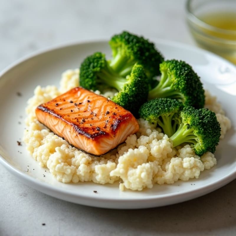 Seared Salmon with Steamed Broccoli and Garlic Cauliflower Mash