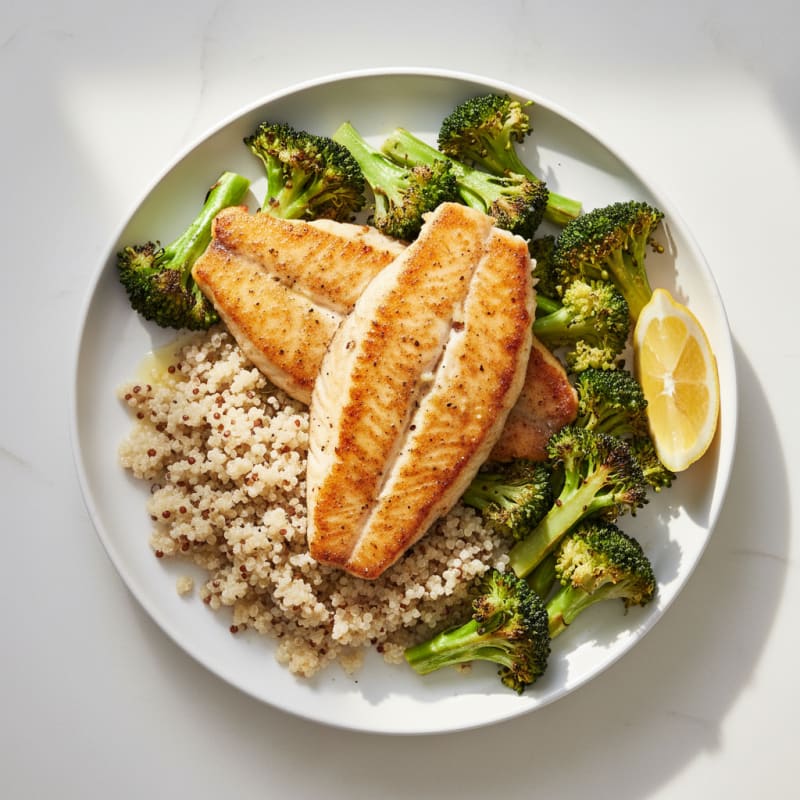 Seared Tilapia with Roasted Broccoli and Quinoa