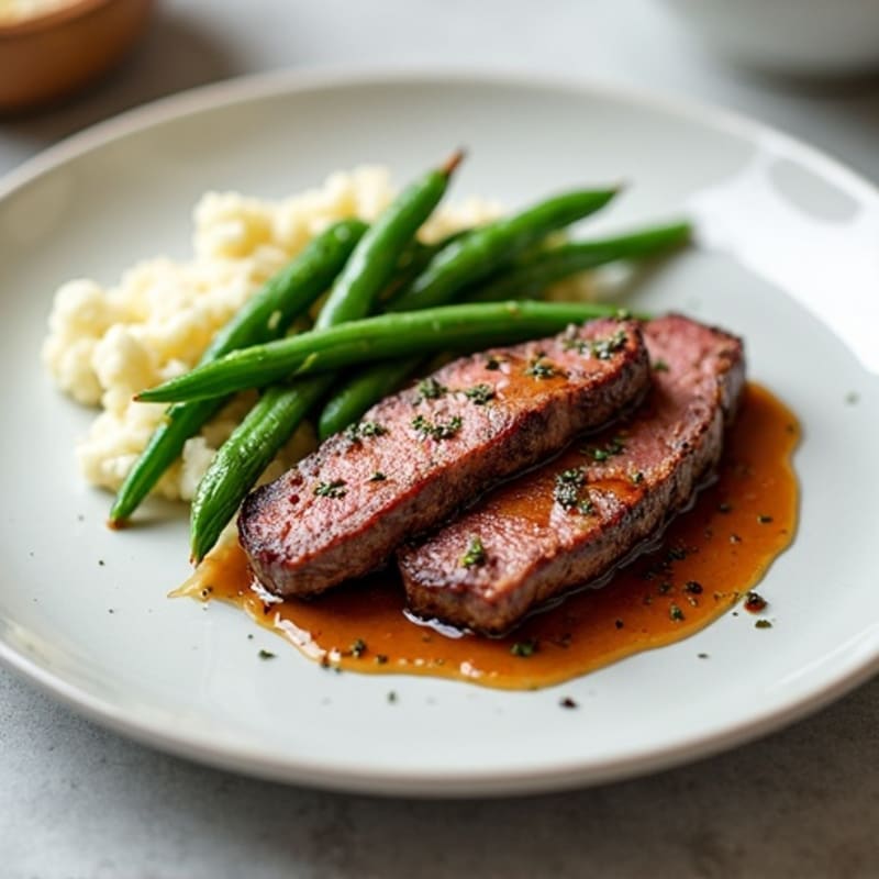 Seared Lean Beef Strips with Steamed Green Beans and Mashed Cauliflower