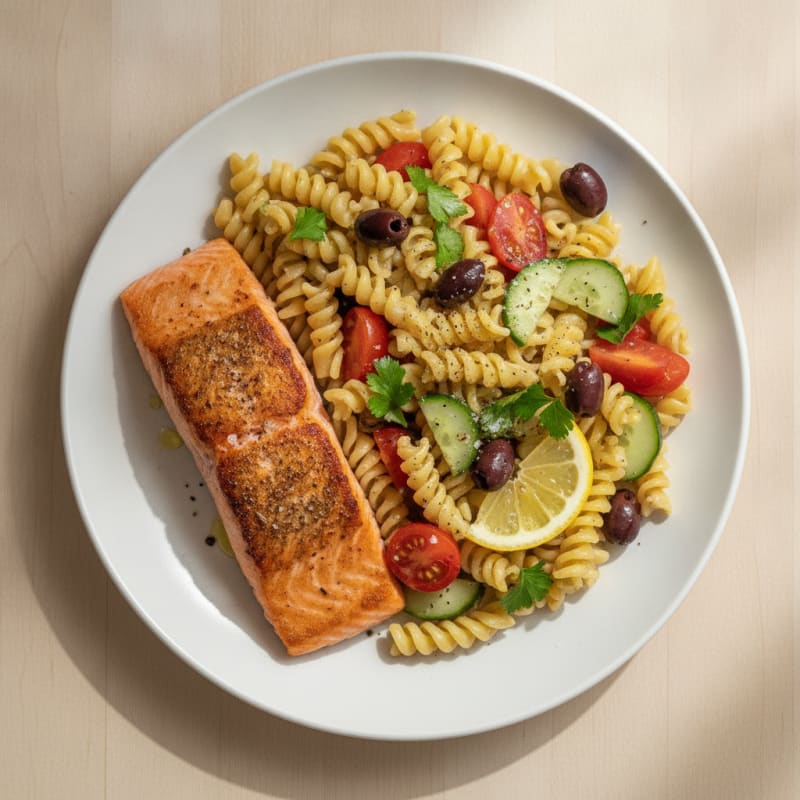Pan-Seared Salmon with Mediterranean Pasta Salad