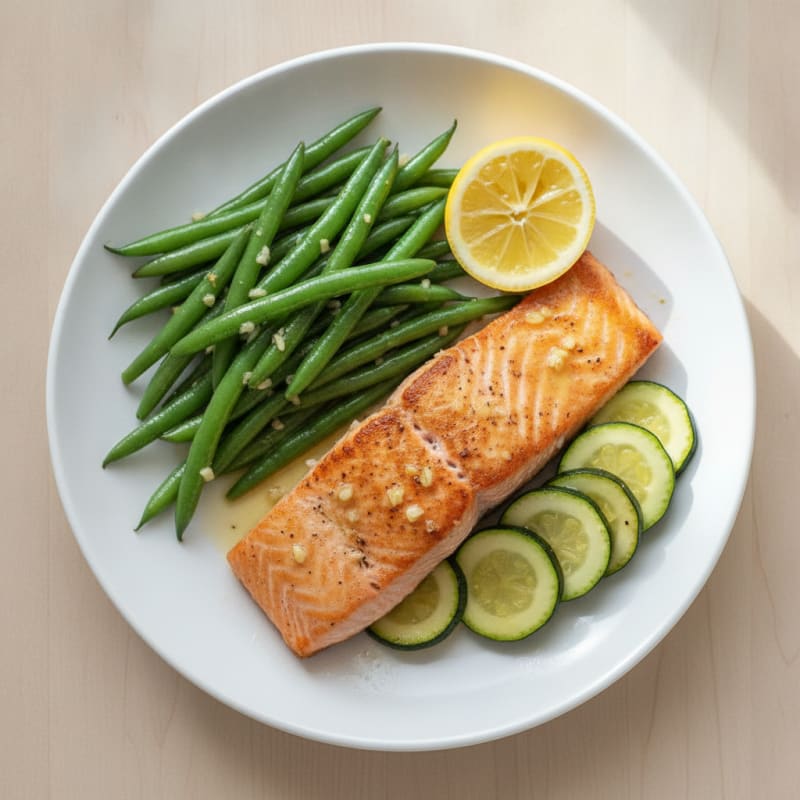 Seared Salmon with Garlic Green Beans and Sautéed Zucchini