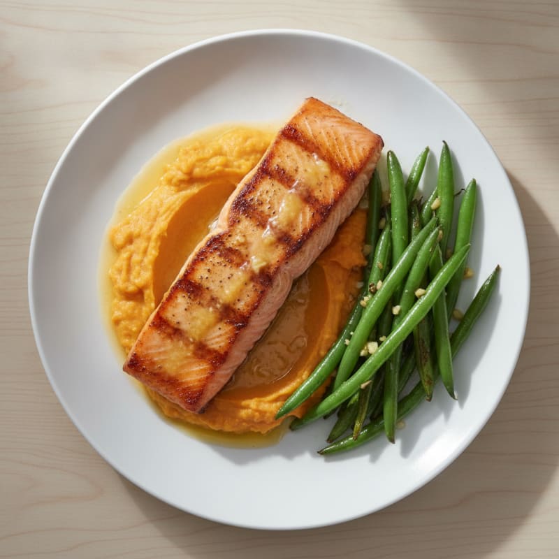 Seared Salmon with Garlic Green Beans and Sweet Potato Mash