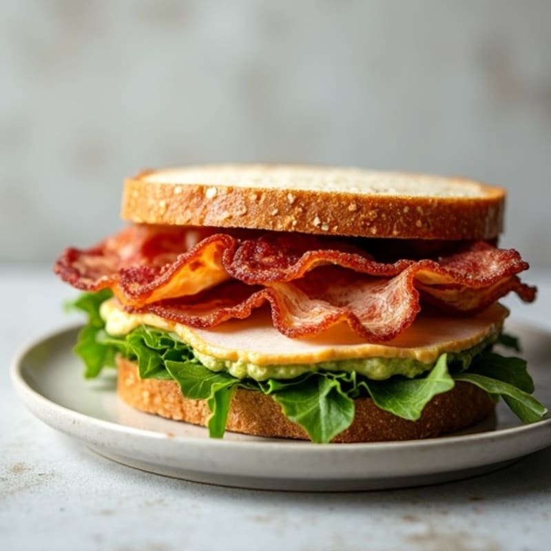 Turkey and Crispy Bacon Sandwich with Fresh Greens and Creamy Avocado