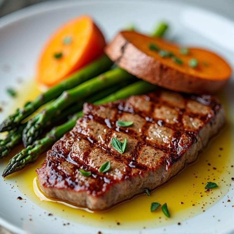 Pan-Seared Steak with Roasted Asparagus and Sweet Potato