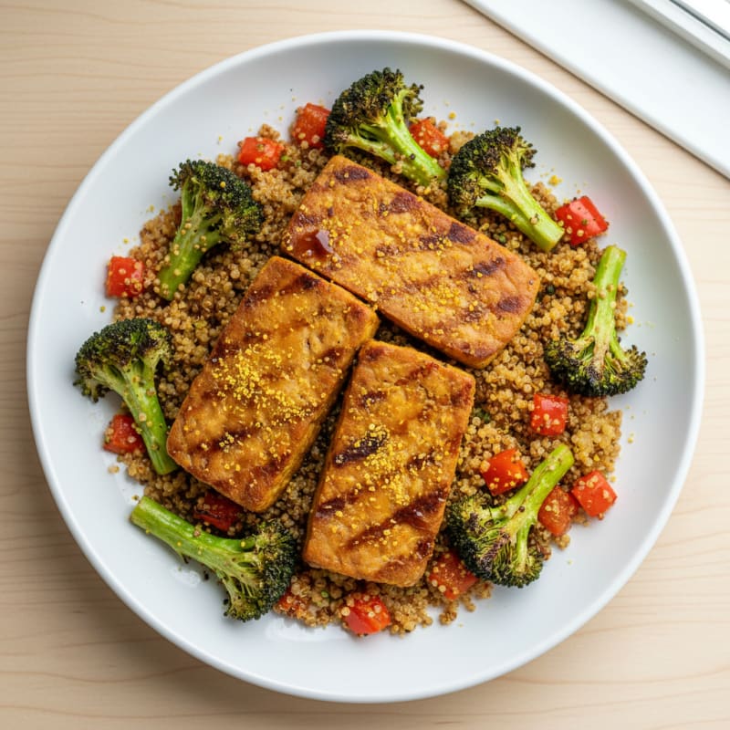Grilled Tempeh with Crunchy Quinoa and Roasted Vegetables