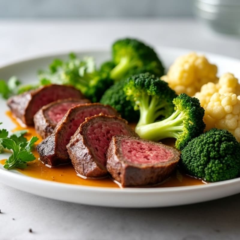 Seared Lean Beef with Roasted Broccoli and Cauliflower