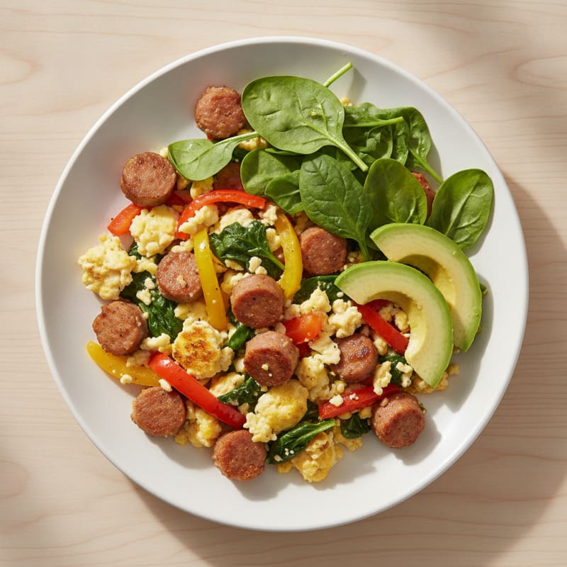 Egg White Spinach Scramble with Turkey Sausage and Sautéed Peppers