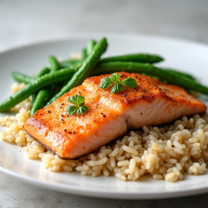 Seared Salmon Fillet with Steamed Green Beans and Brown Rice