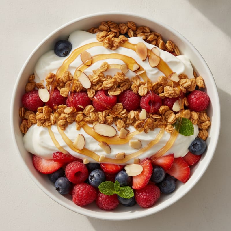 Greek Yogurt Parfait with Crunchy Almond Granola and Mixed Berries
