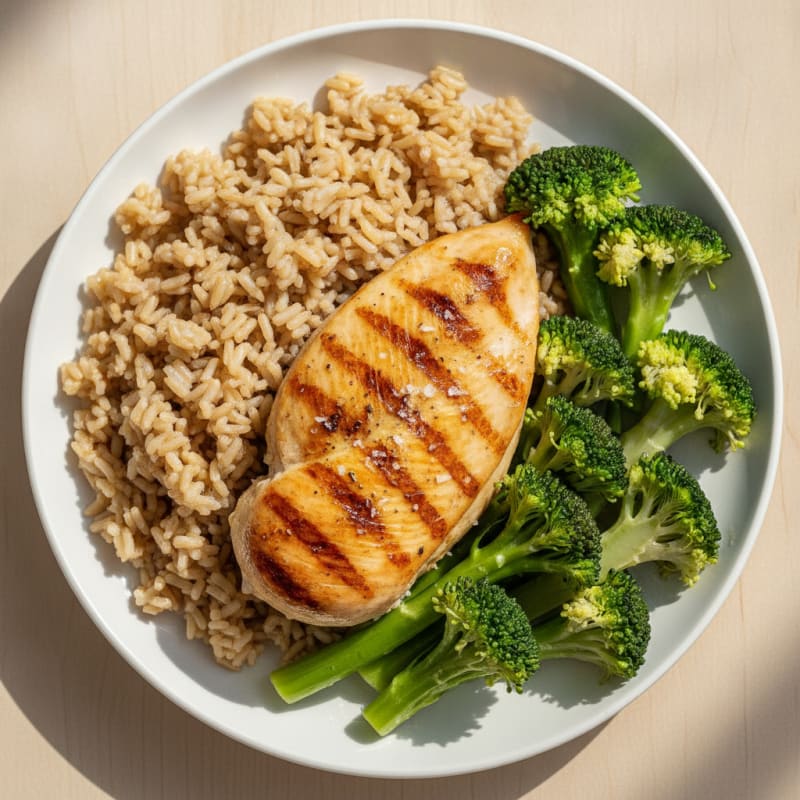 Grilled Chicken Breast with Steamed Broccoli and Brown Rice