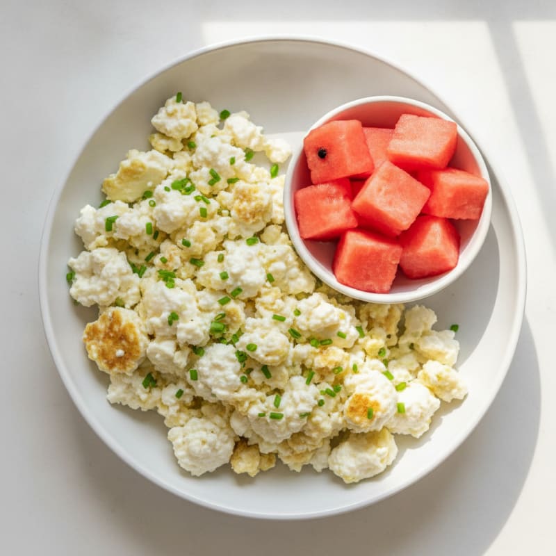 Egg White and Cottage Cheese Scramble with Fresh Watermelon Slices