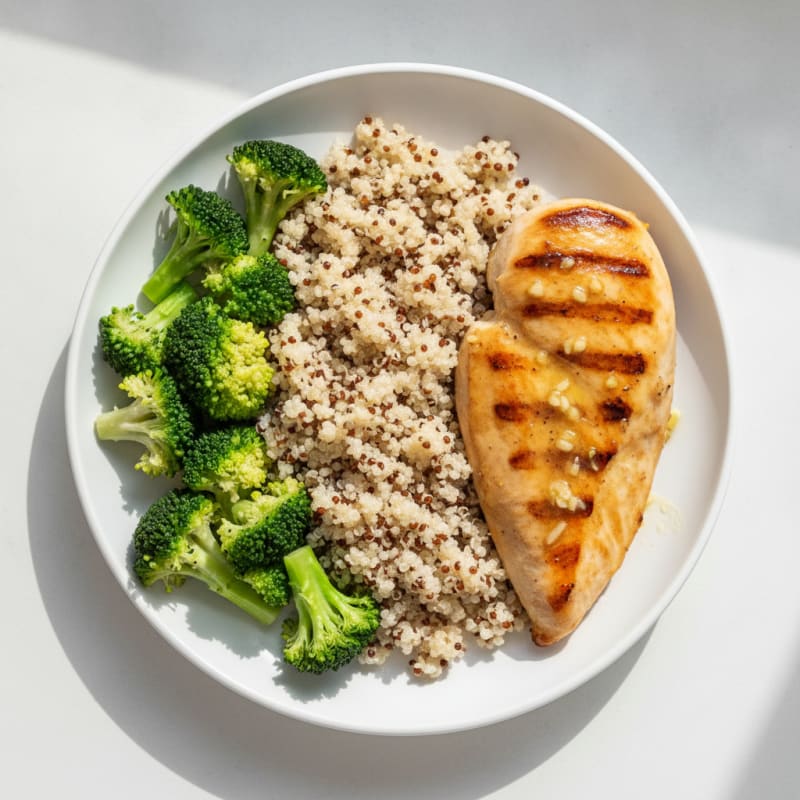 Grilled Chicken Breast with Steamed Broccoli and Quinoa